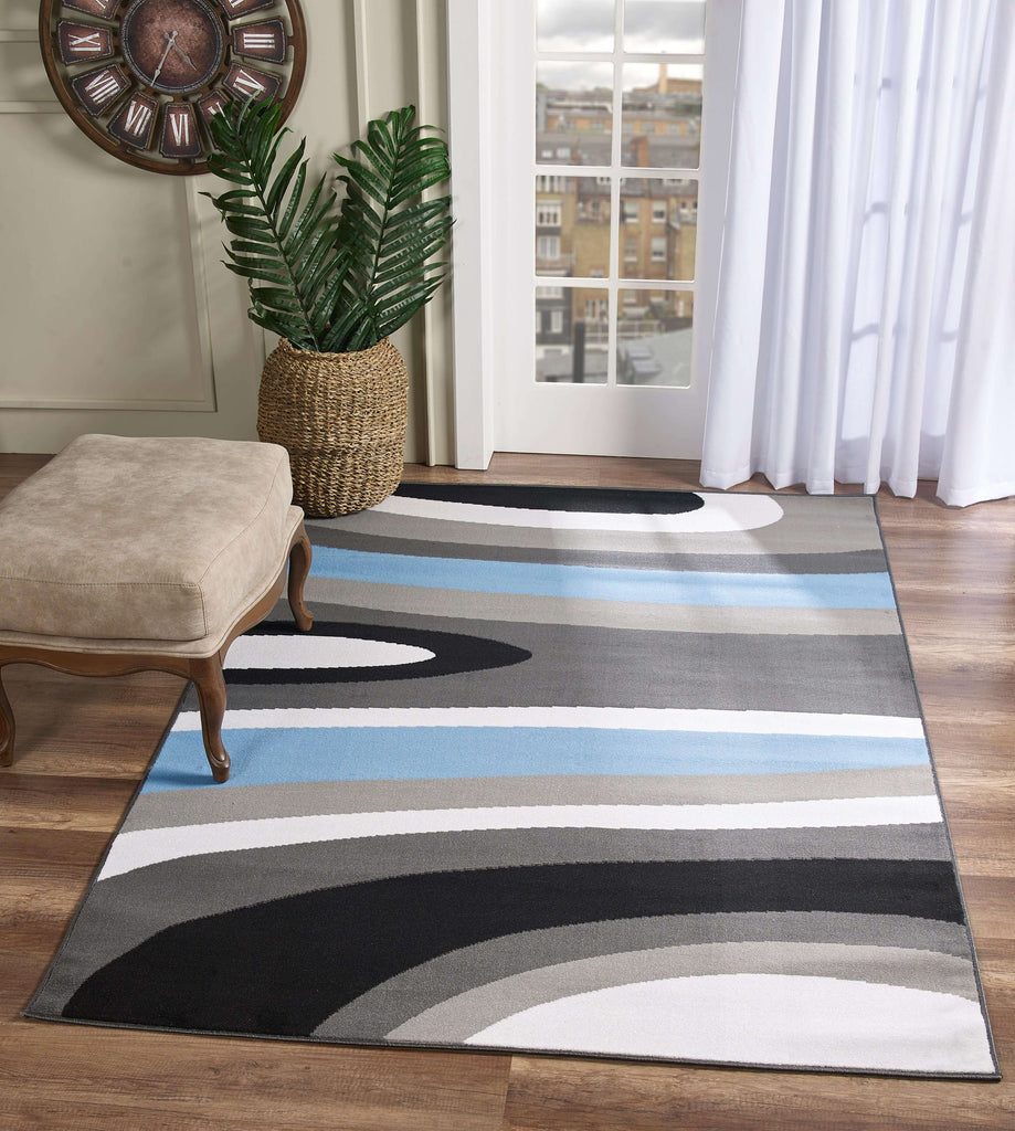BAHAMA Abstract Wave Area Rug in Gray and Blue. Made with Polypropylene. 