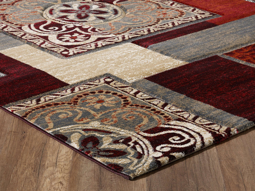 Grey and Burgundy Area Rug with Rectangular Patterns