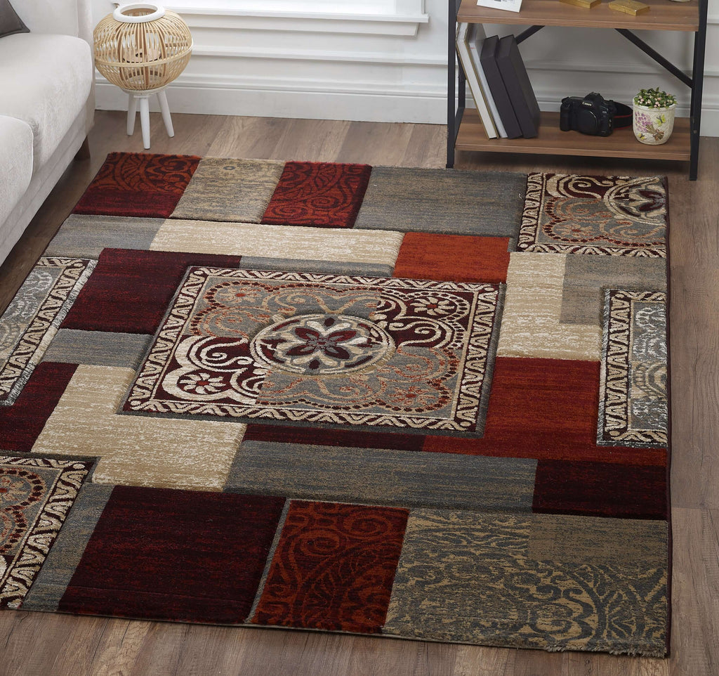Grey and Burgundy Area Rug with Rectangular Patterns