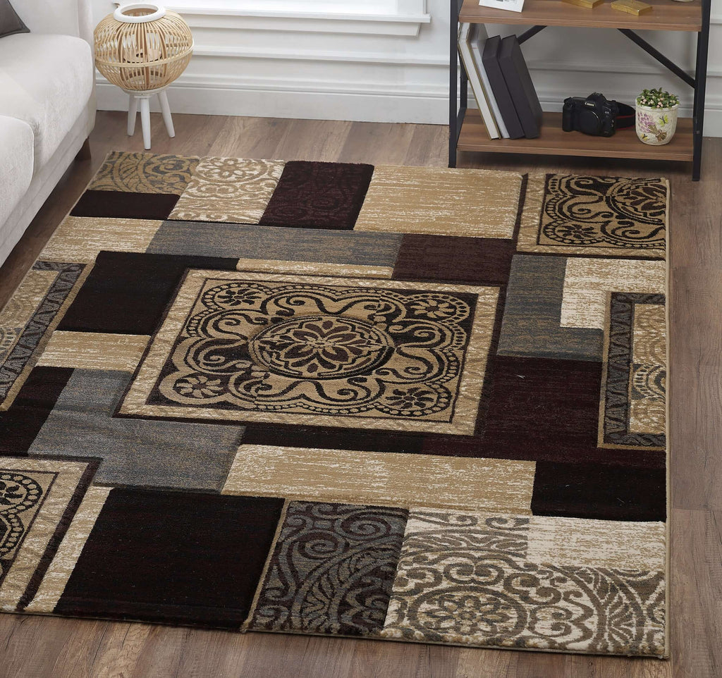 Beige and Brown Area Rug with Rectangular Patterns